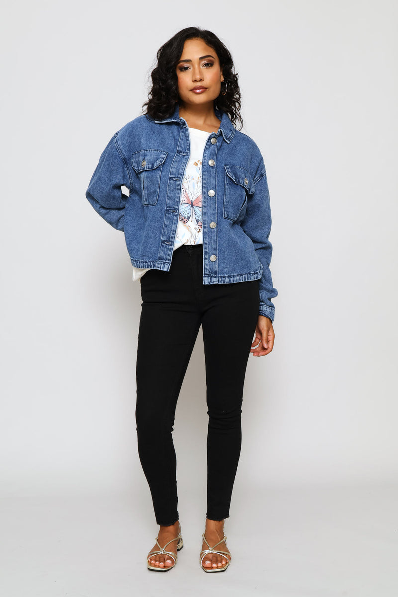 Sailor Button Detail Curved Hem Denim Trucker Jacket - Medium Wash