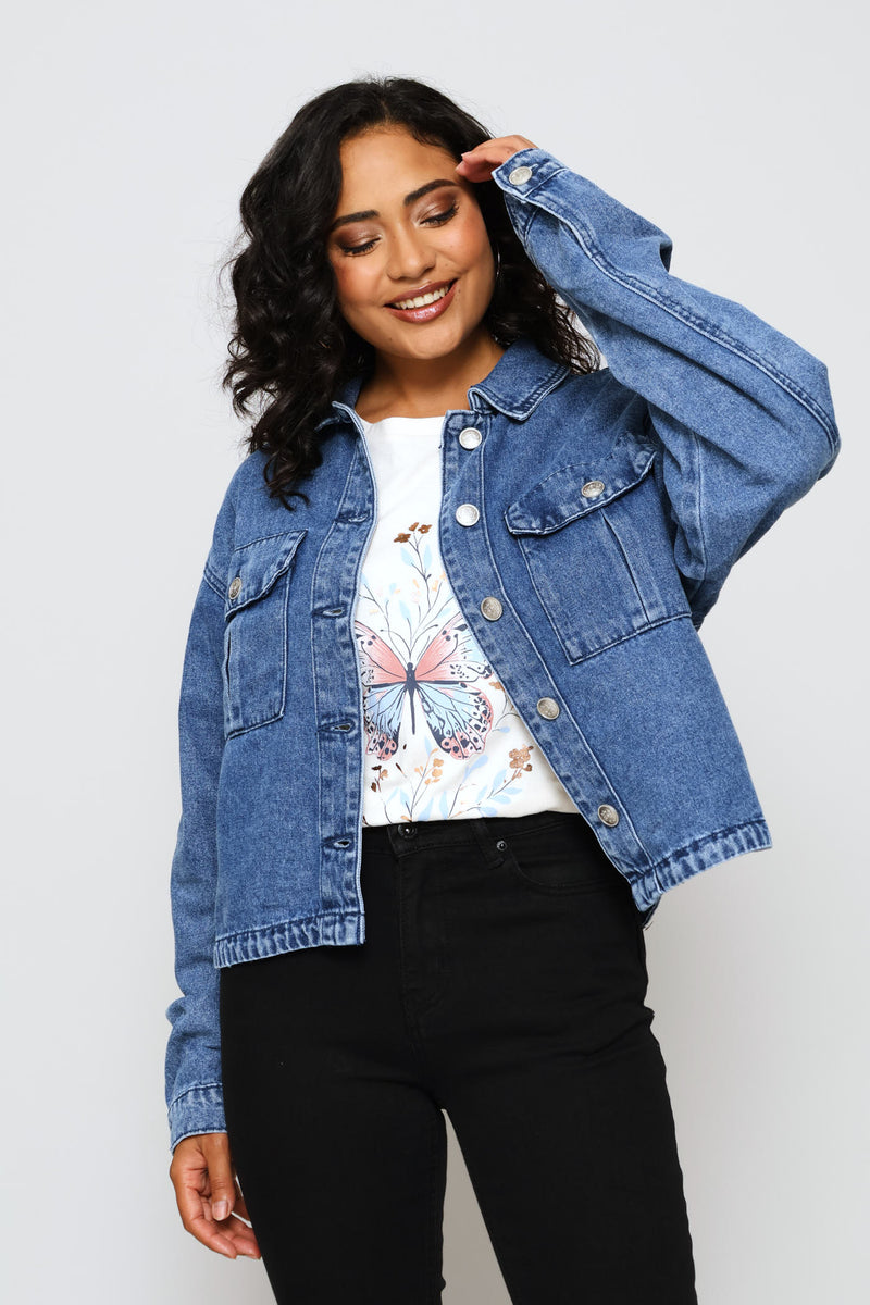 Sailor Button Detail Curved Hem Denim Trucker Jacket - Medium Wash
