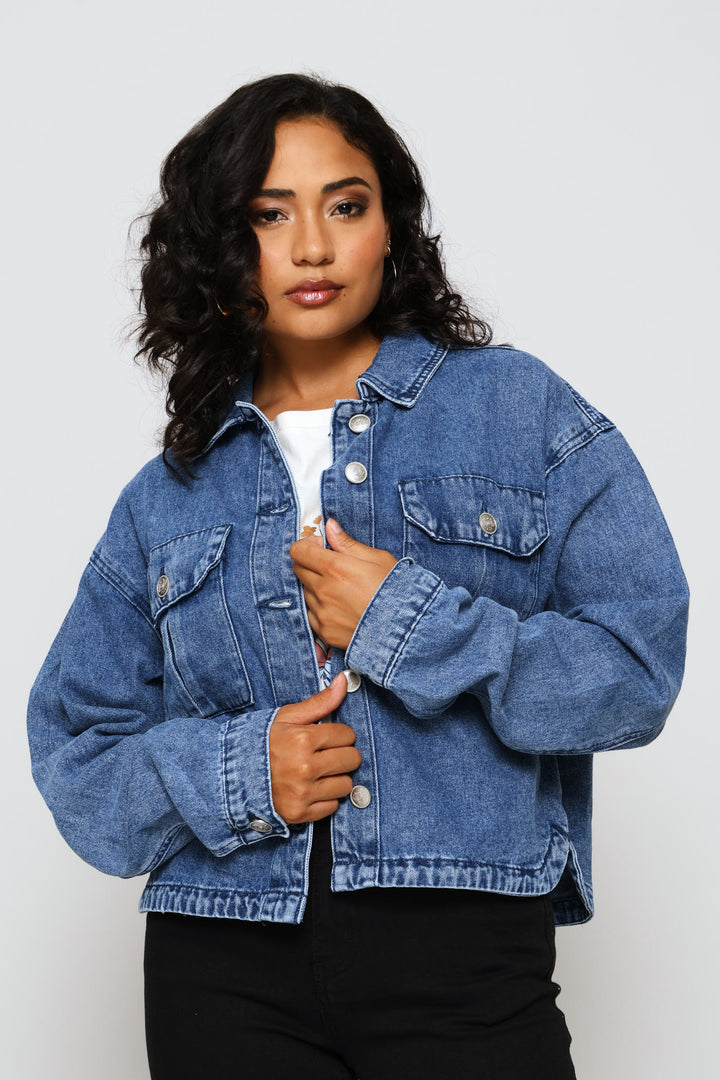 Sailor Button Detail Curved Hem Denim Trucker Jacket - Medium Wash