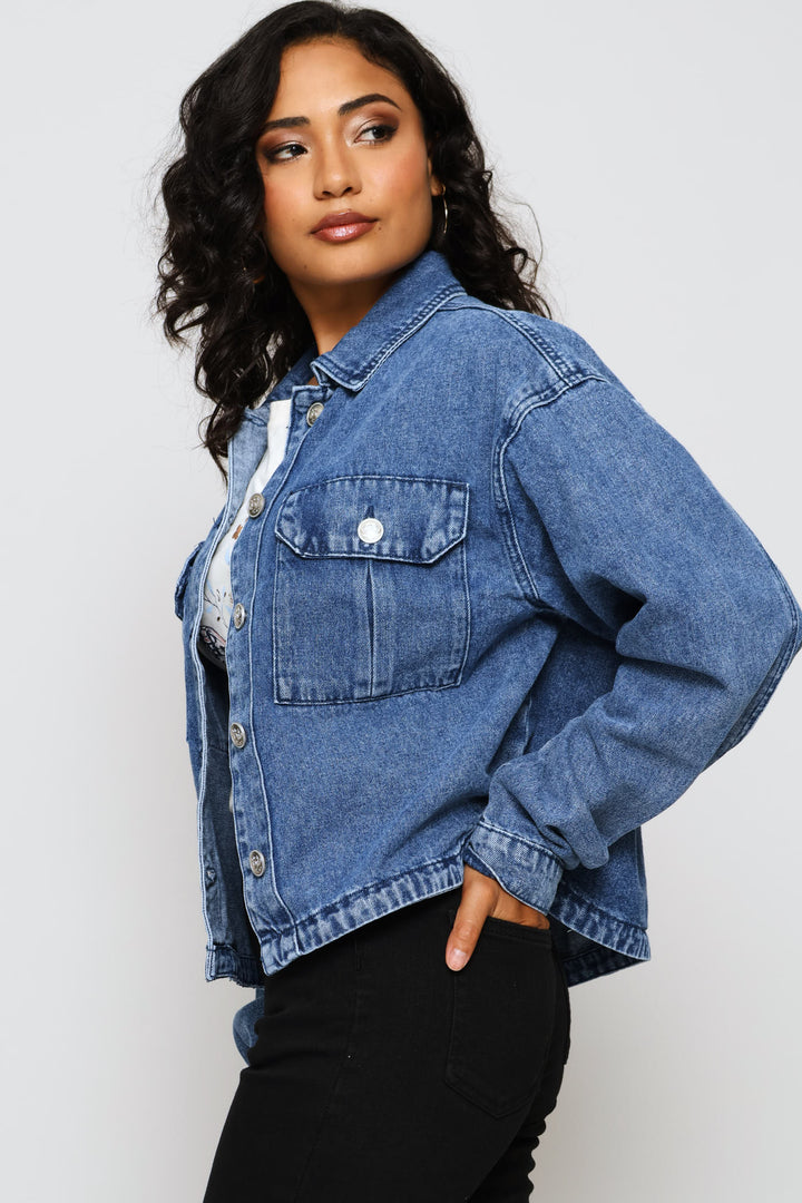 Sailor Button Detail Curved Hem Denim Trucker Jacket - Medium Wash