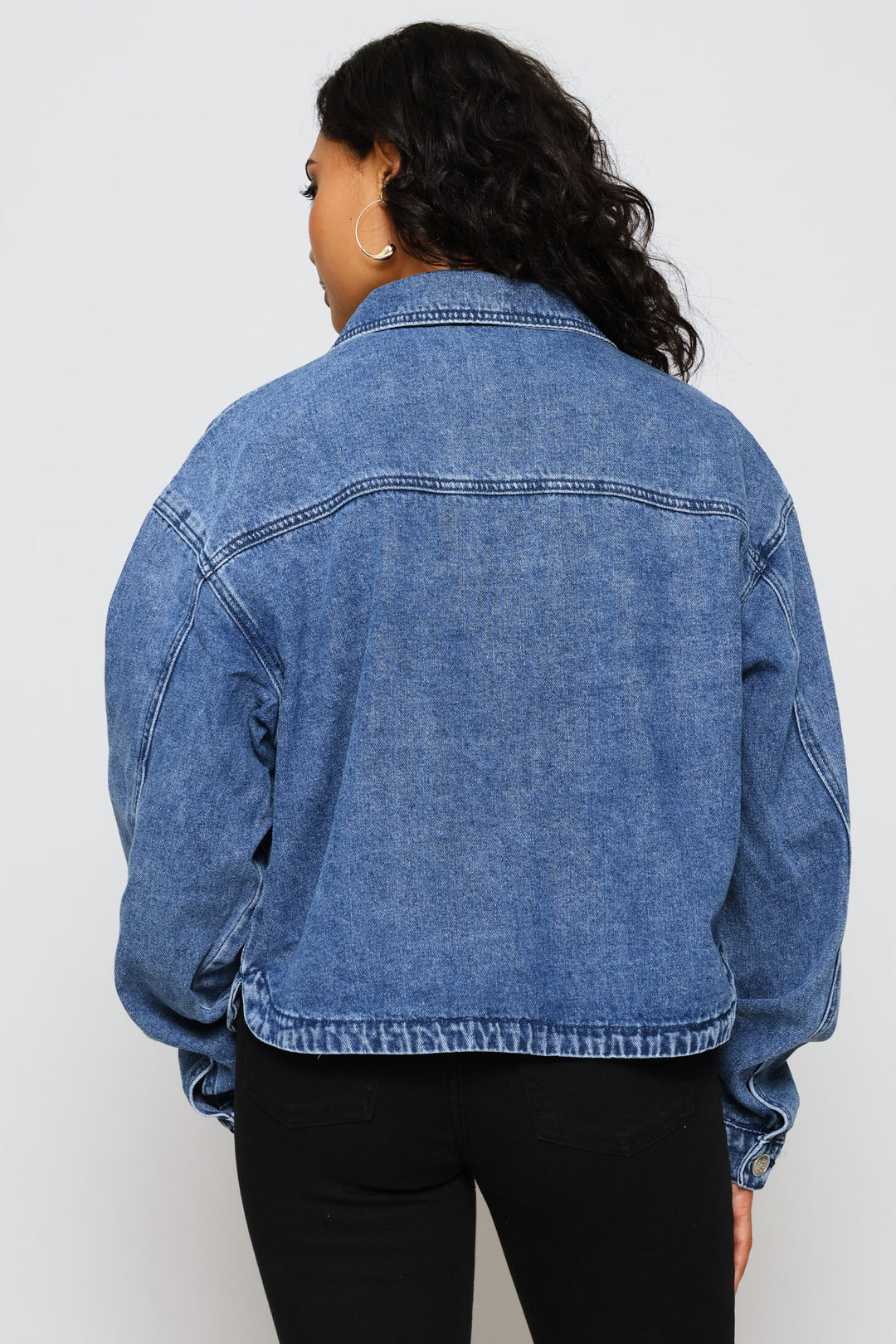 Sailor Button Detail Curved Hem Denim Trucker Jacket - Medium Wash