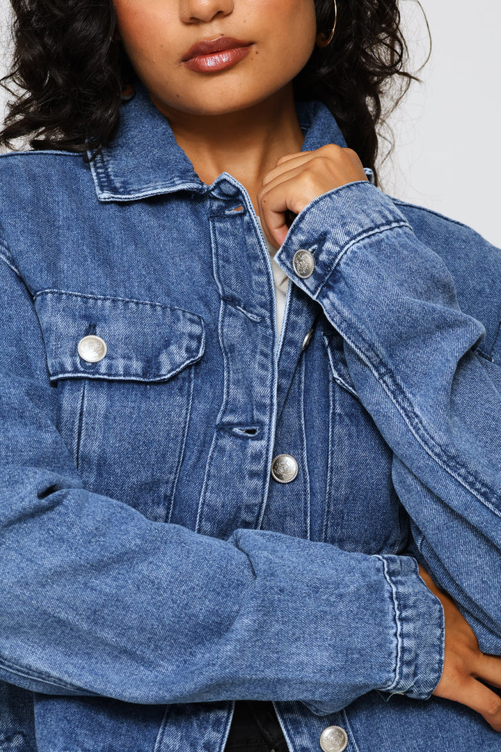 Sailor Button Detail Curved Hem Denim Trucker Jacket - Medium Wash