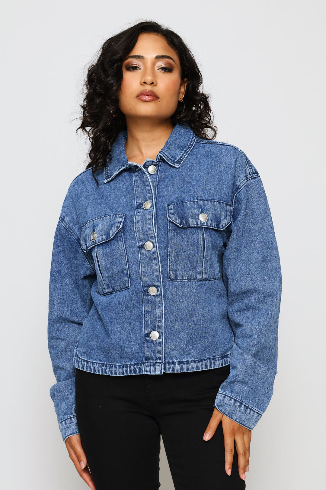 Sailor Button Detail Curved Hem Denim Trucker Jacket - Medium Wash