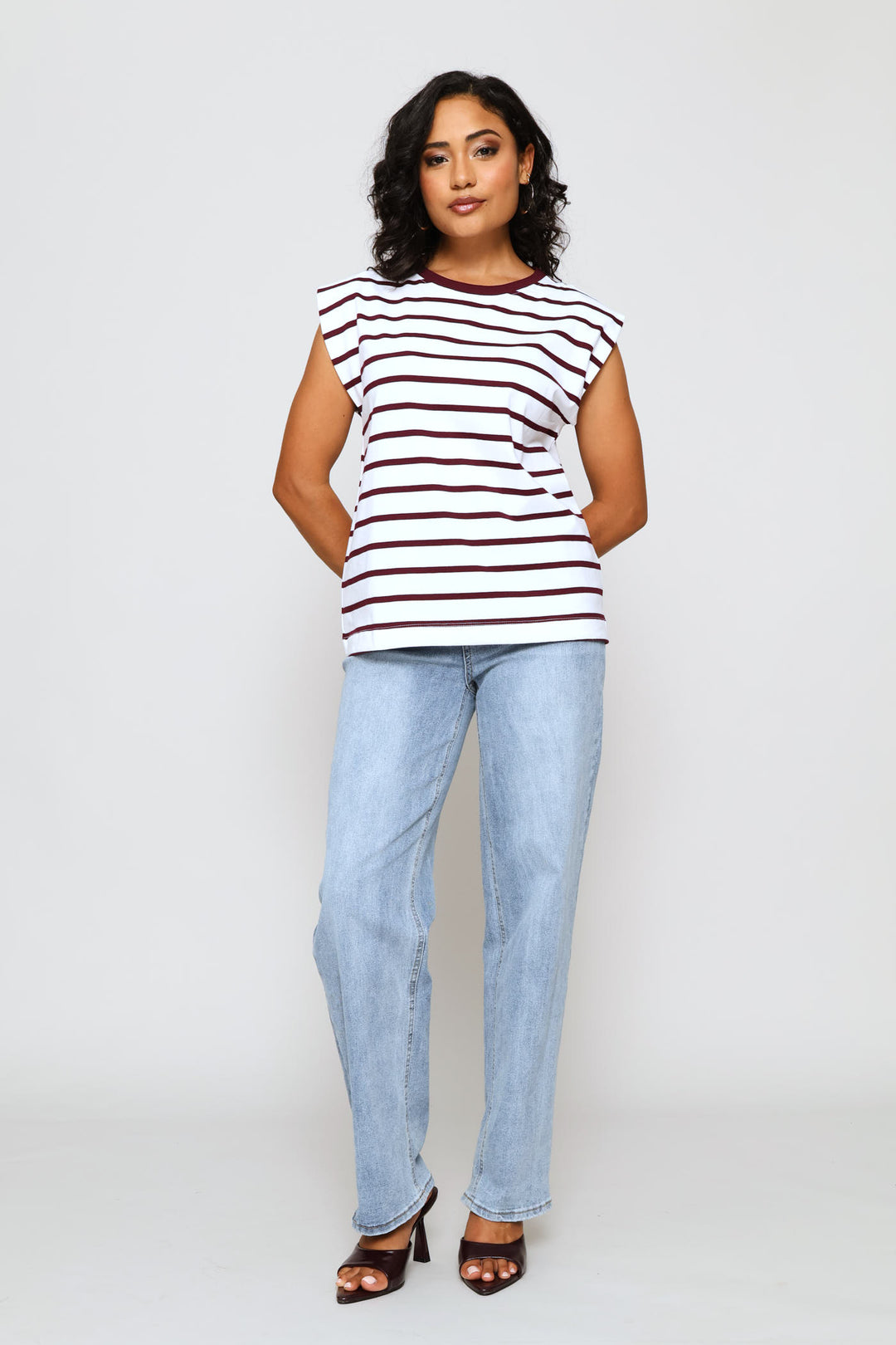 Contrast Rib Neck Stripe Muscle Tee - White/Wine