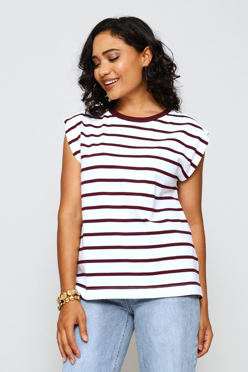 Contrast Rib Neck Stripe Muscle Tee - White/Wine