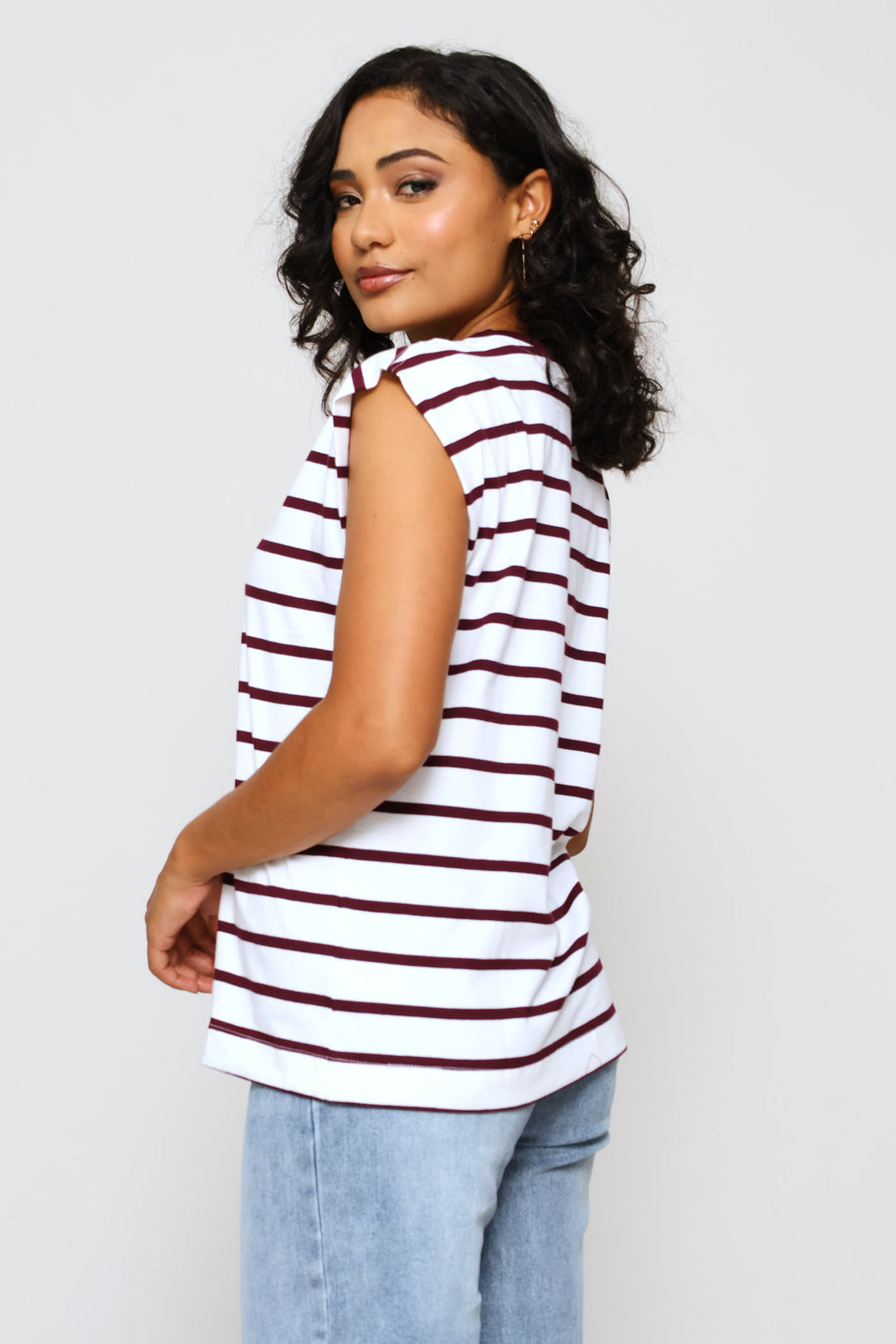 Contrast Rib Neck Stripe Muscle Tee - White/Wine