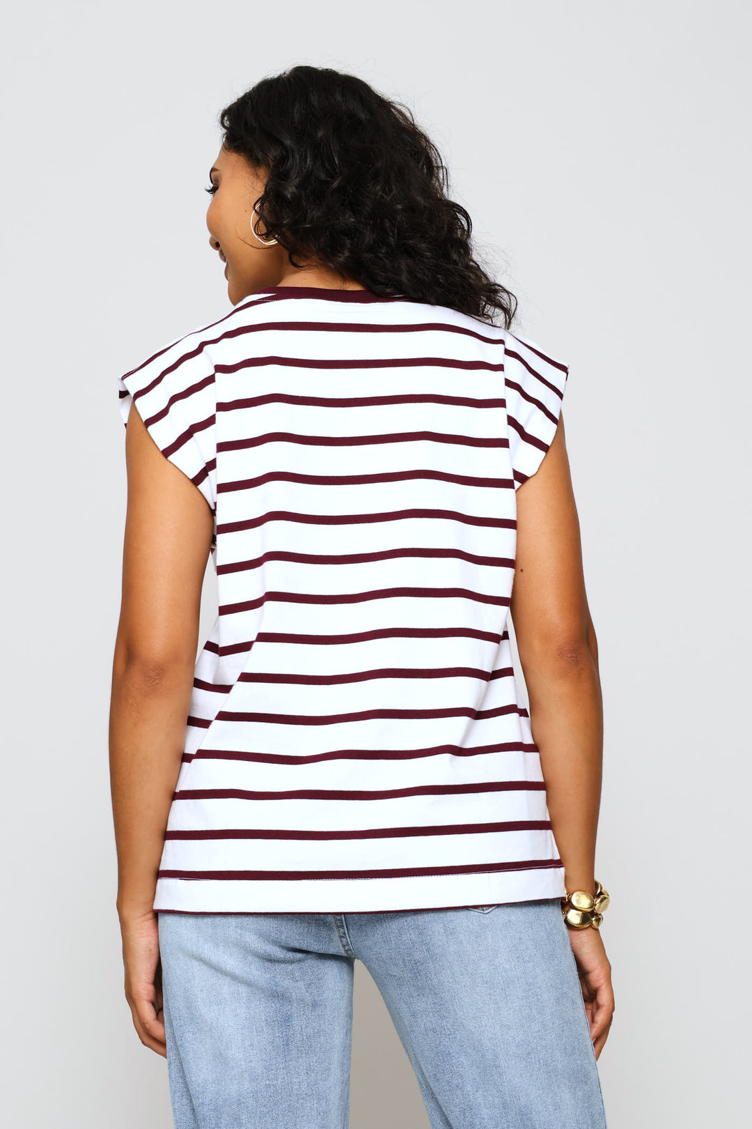 Contrast Rib Neck Stripe Muscle Tee - White/Wine