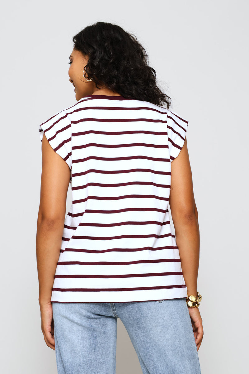 Contrast Rib Neck Stripe Muscle Tee - White/Wine
