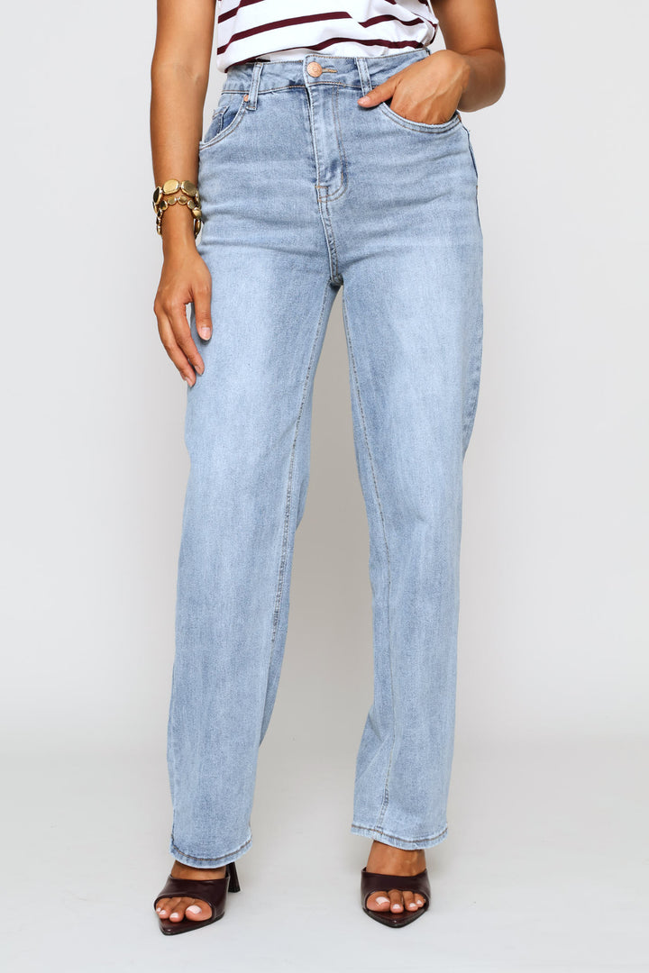 Hi-Rise Distressed Hem Straight Leg Denim - Light Wash