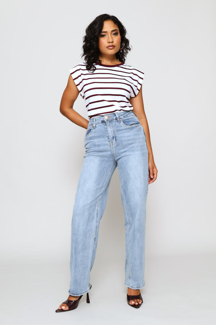 Hi-Rise Distressed Hem Straight Leg Denim - Light Wash