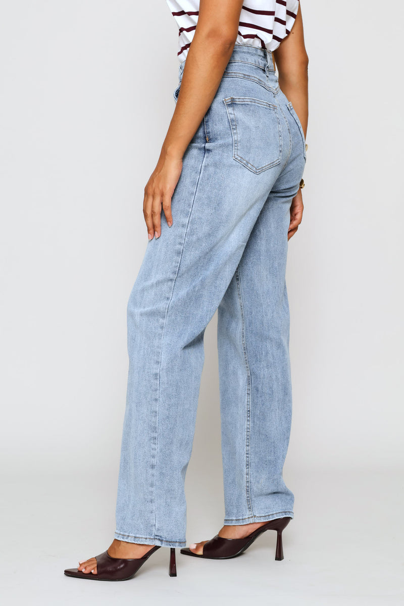 Hi-Rise Distressed Hem Straight Leg Denim - Light Wash