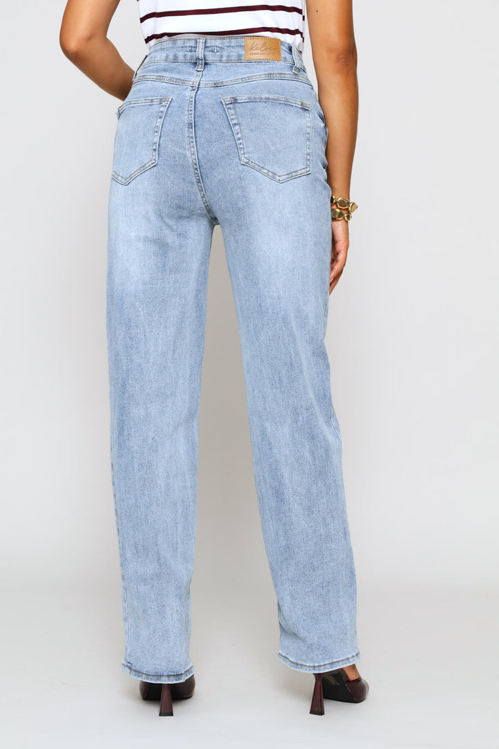 Hi-Rise Distressed Hem Straight Leg Denim - Light Wash
