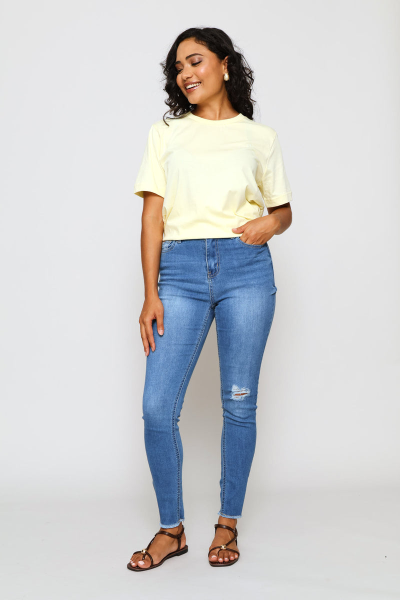 Rib Neck Cotton Boxy Tee - Pastel Yellow