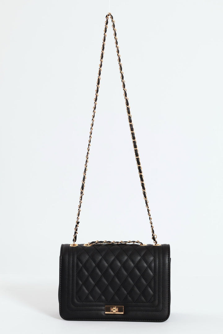 Quilted Chain Satchel - Black