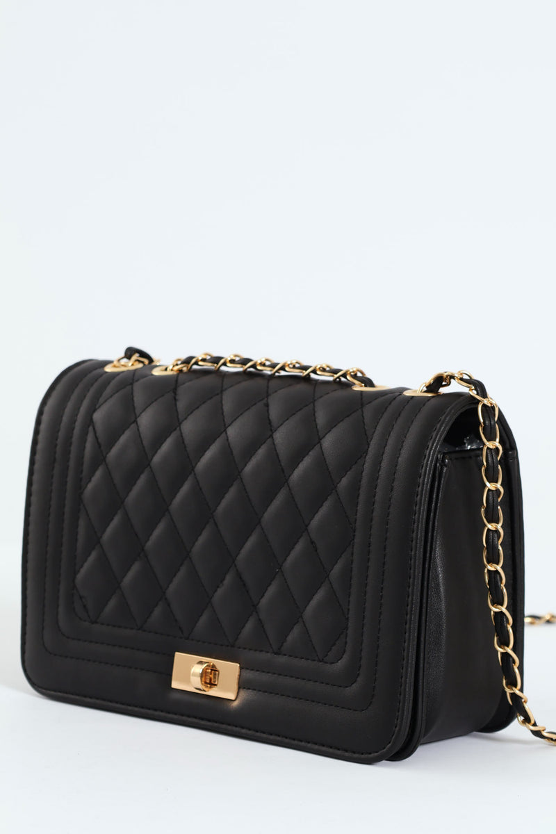 Quilted Chain Satchel - Black