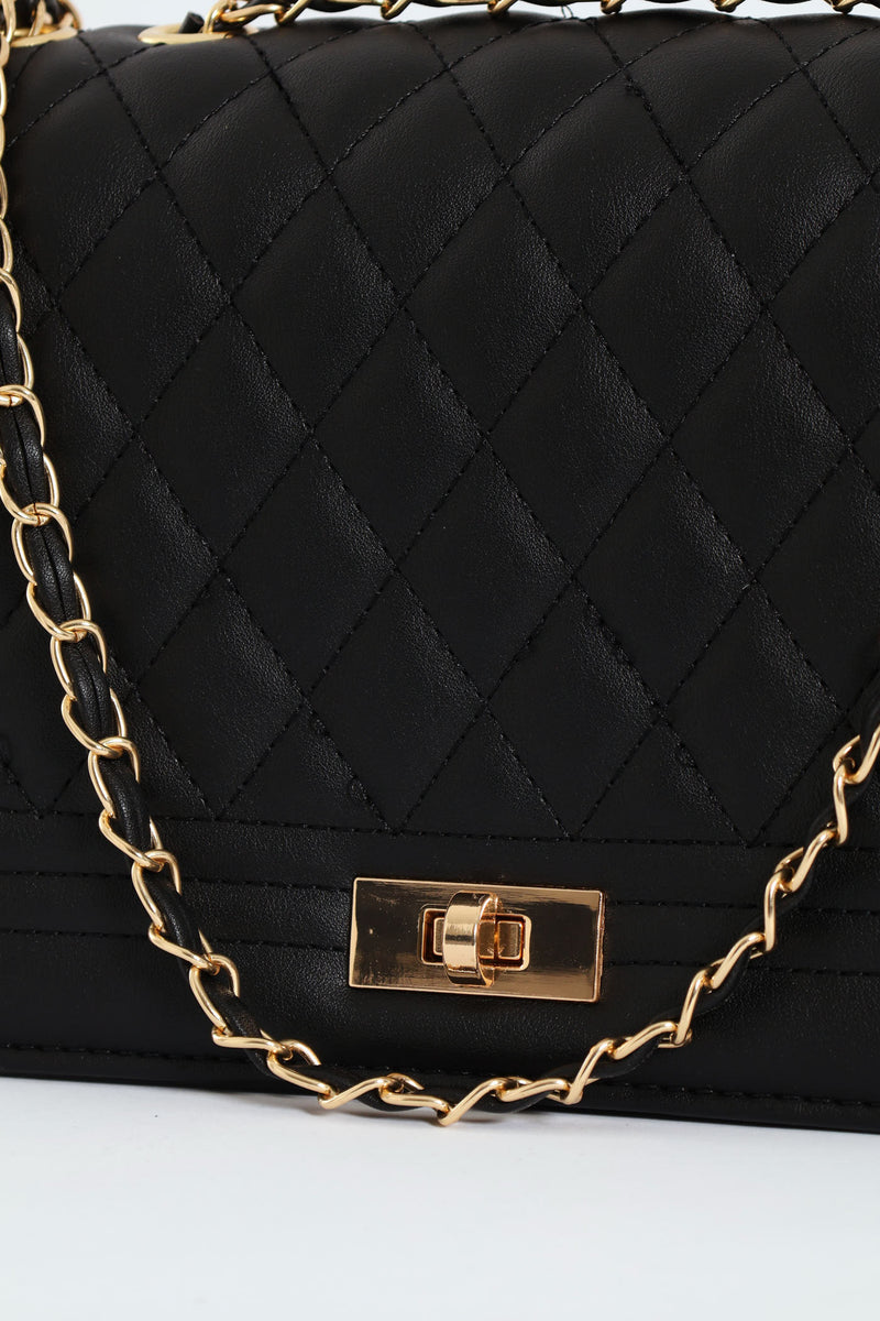 Quilted Chain Satchel - Black