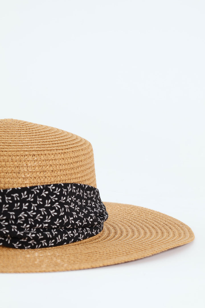 Ribbon Tie Boater Straw Hat - Caramel
