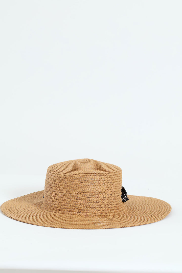 Ribbon Tie Boater Straw Hat - Caramel