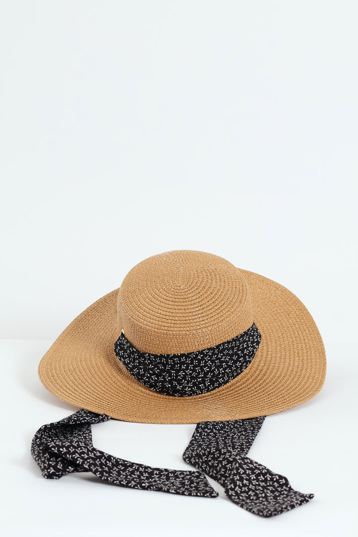 Ribbon Tie Boater Straw Hat - Caramel