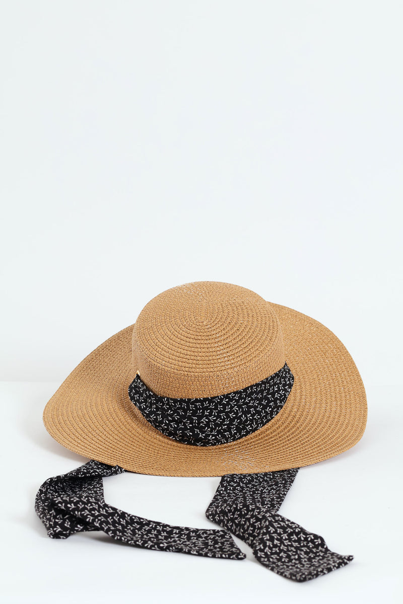Ribbon Tie Boater Straw Hat - Caramel