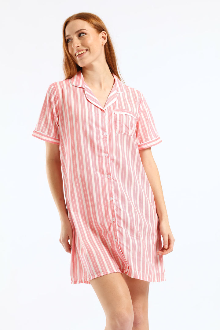 Button Through Cotton Woven Stripe Sleepshirt - White/Red