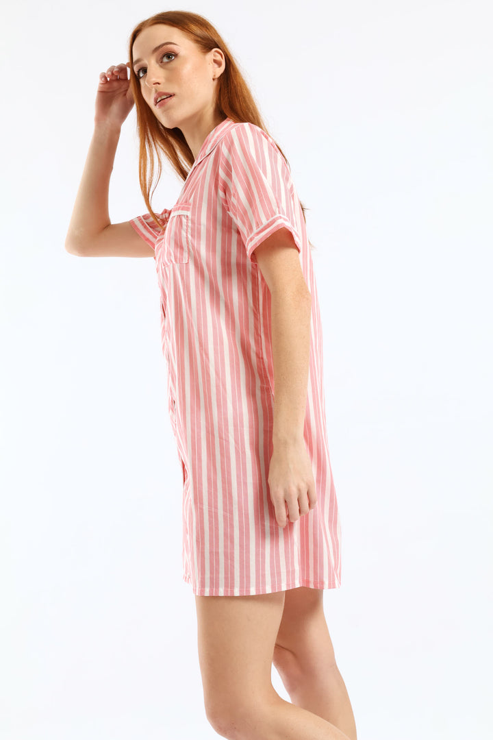 Button Through Cotton Woven Stripe Sleepshirt - White/Red