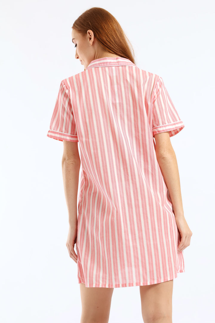 Button Through Cotton Woven Stripe Sleepshirt - White/Red