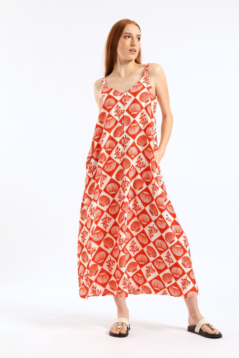 V-Neck Flare Slip Midi Dress - White/Orange