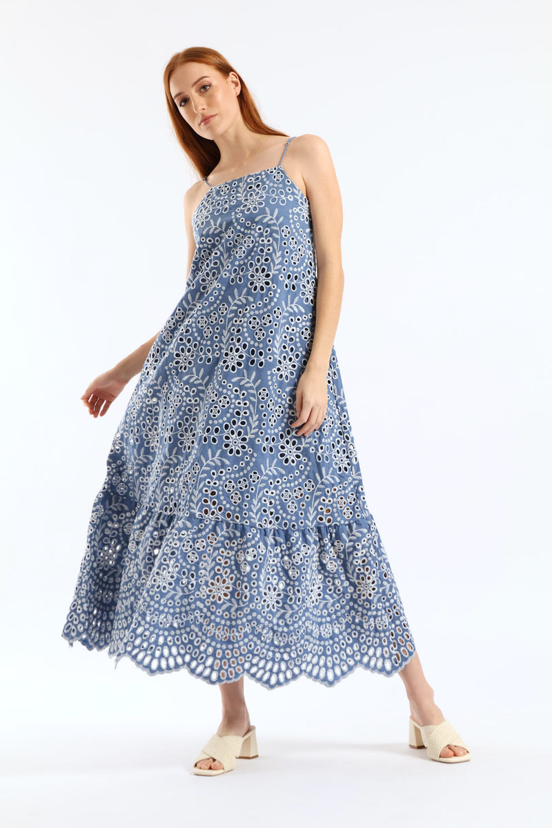 Strappy Hi-Neck Anglaise Frill Hem Slip Midaxi Dress - Dusty Blue