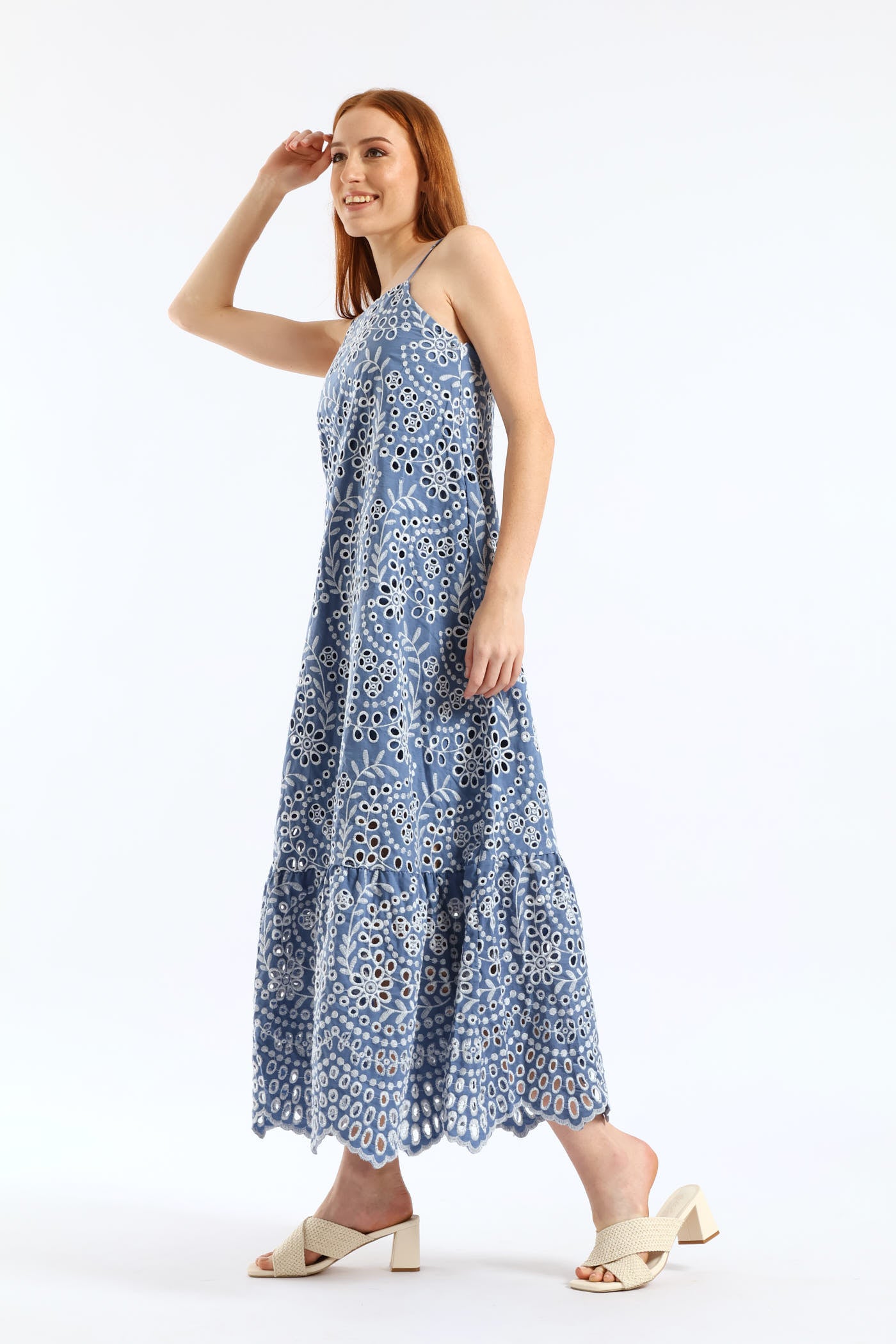 Ladies Strappy Hi-Neck Anglaise Frill Hem Slip Midaxi Dress