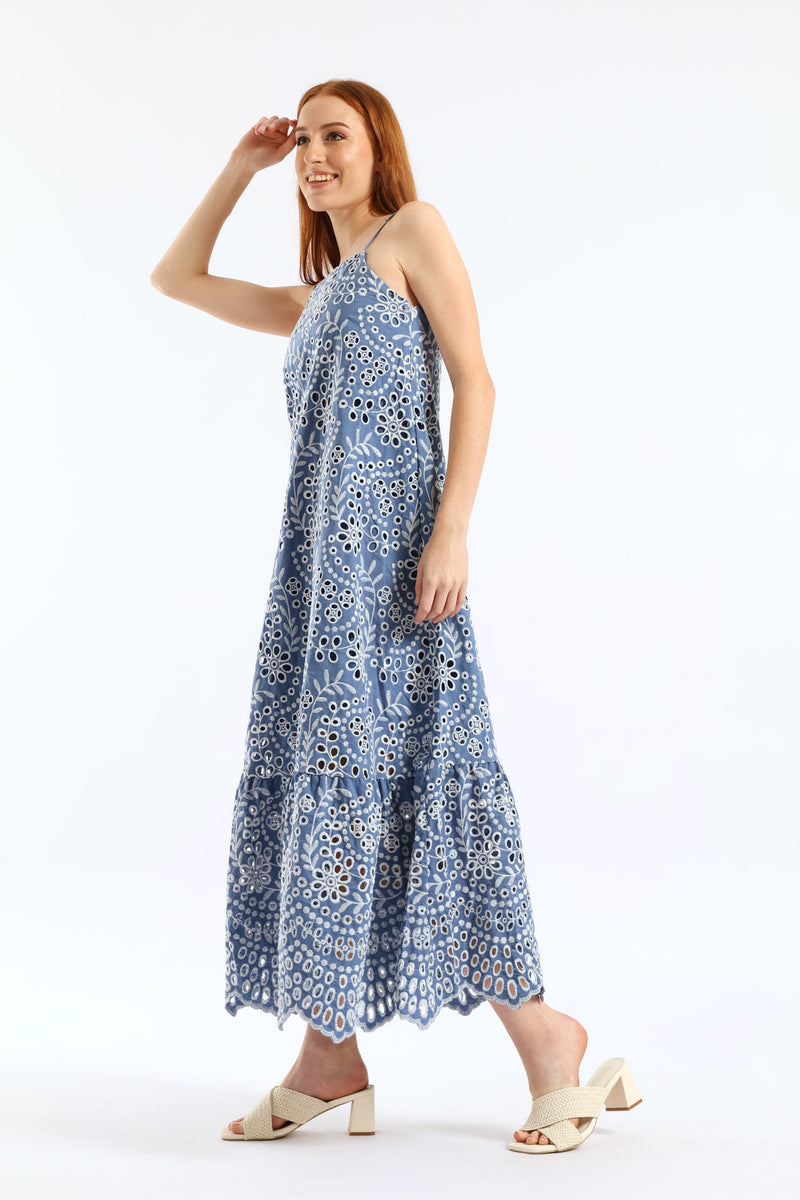 Strappy Hi-Neck Anglaise Frill Hem Slip Midaxi Dress - Dusty Blue