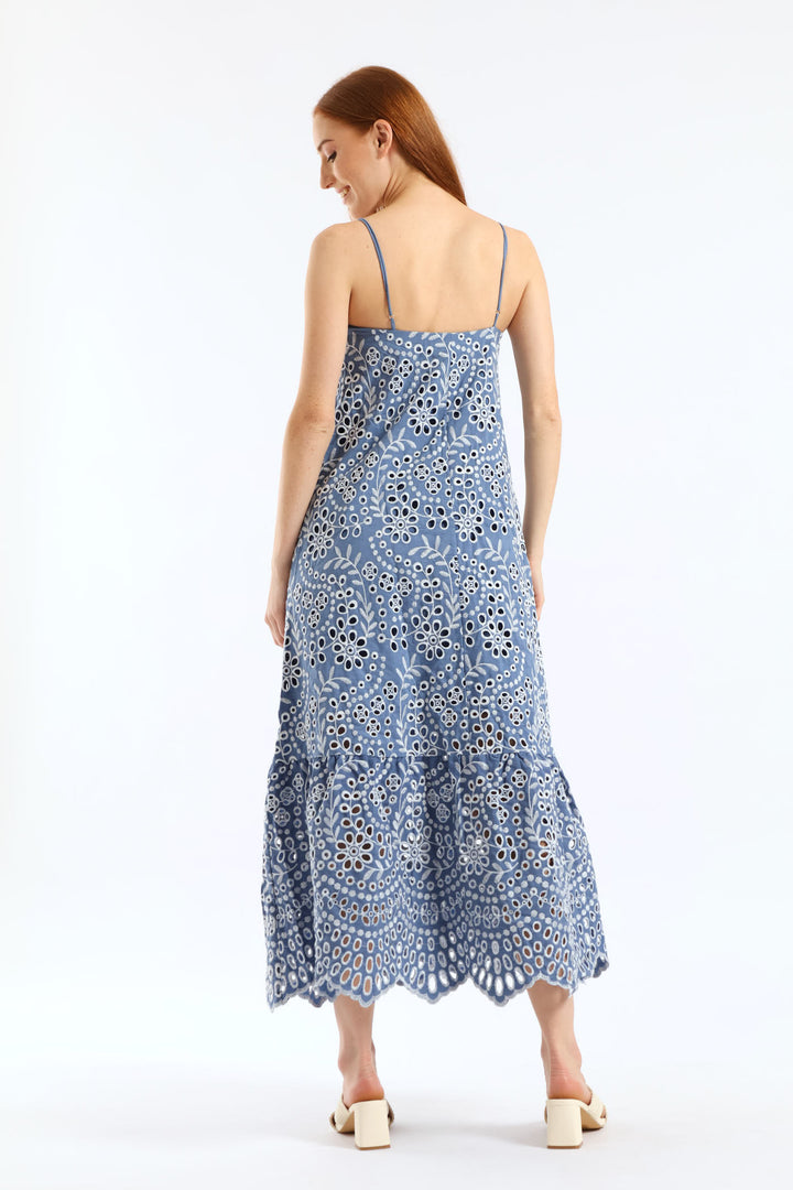 Strappy Hi-Neck Anglaise Frill Hem Slip Midaxi Dress - Dusty Blue