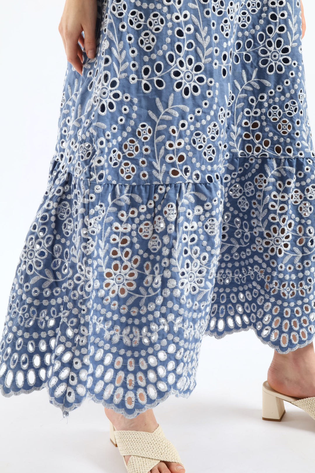 Strappy Hi-Neck Anglaise Frill Hem Slip Midaxi Dress - Dusty Blue