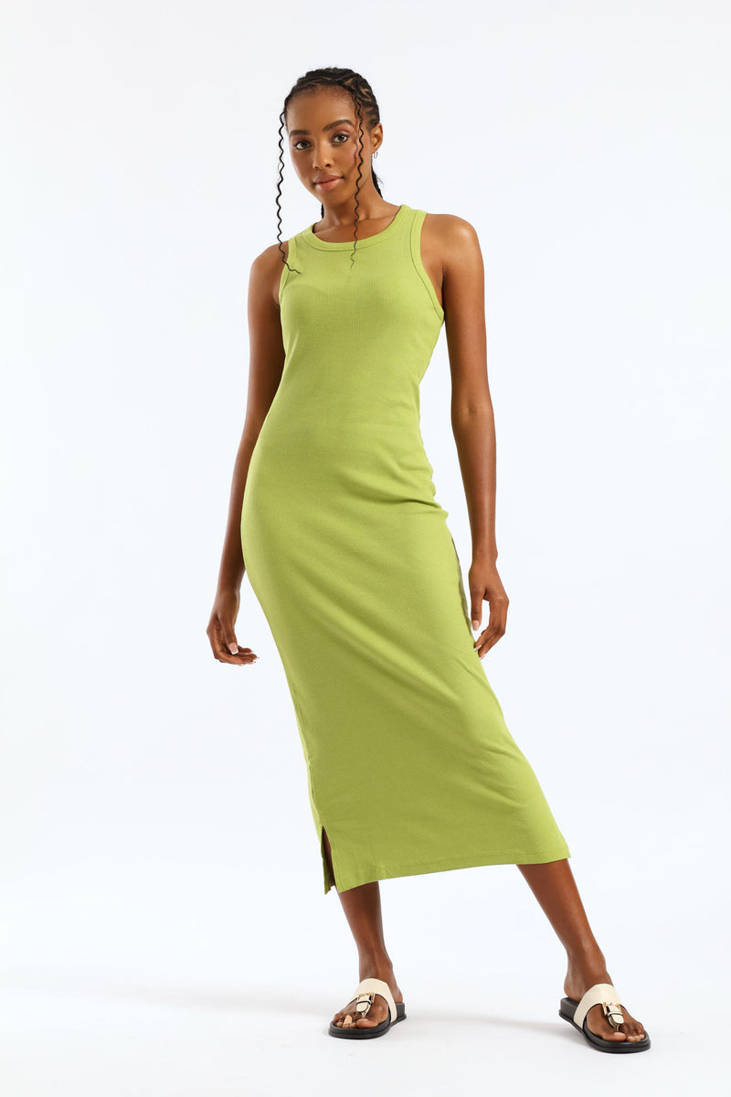 Rib Tank Column Side Slits Midi Dress - Chartreuse