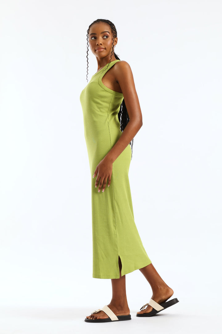Rib Tank Column Side Slits Midi Dress - Chartreuse