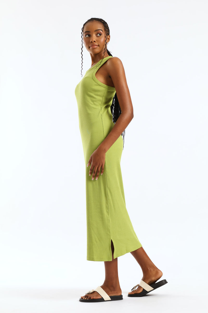 Rib Tank Column Side Slits Midi Dress - Chartreuse