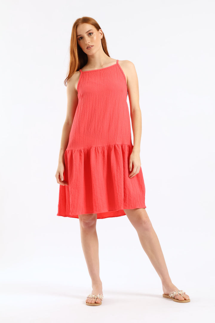Hi Neck Drop Waist Mini Dress - Dark Coral