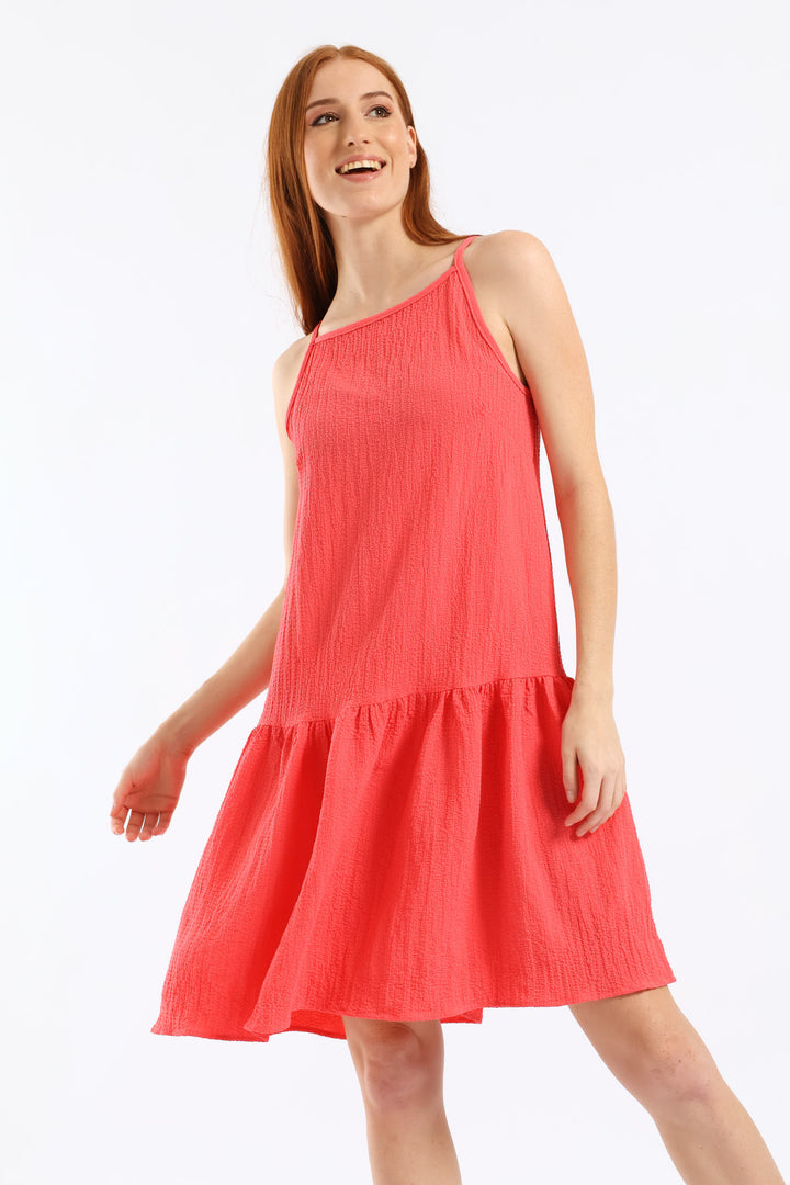 Hi Neck Drop Waist Mini Dress - Dark Coral