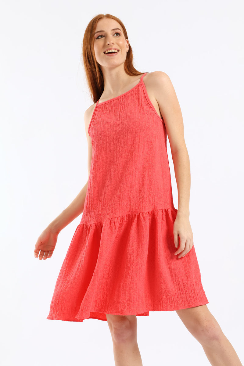 Hi Neck Drop Waist Mini Dress - Dark Coral