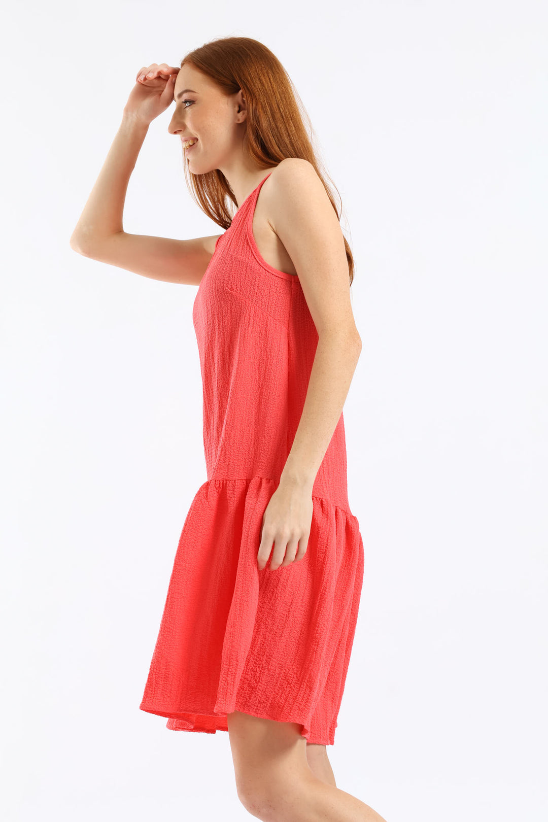 Hi Neck Drop Waist Mini Dress - Dark Coral