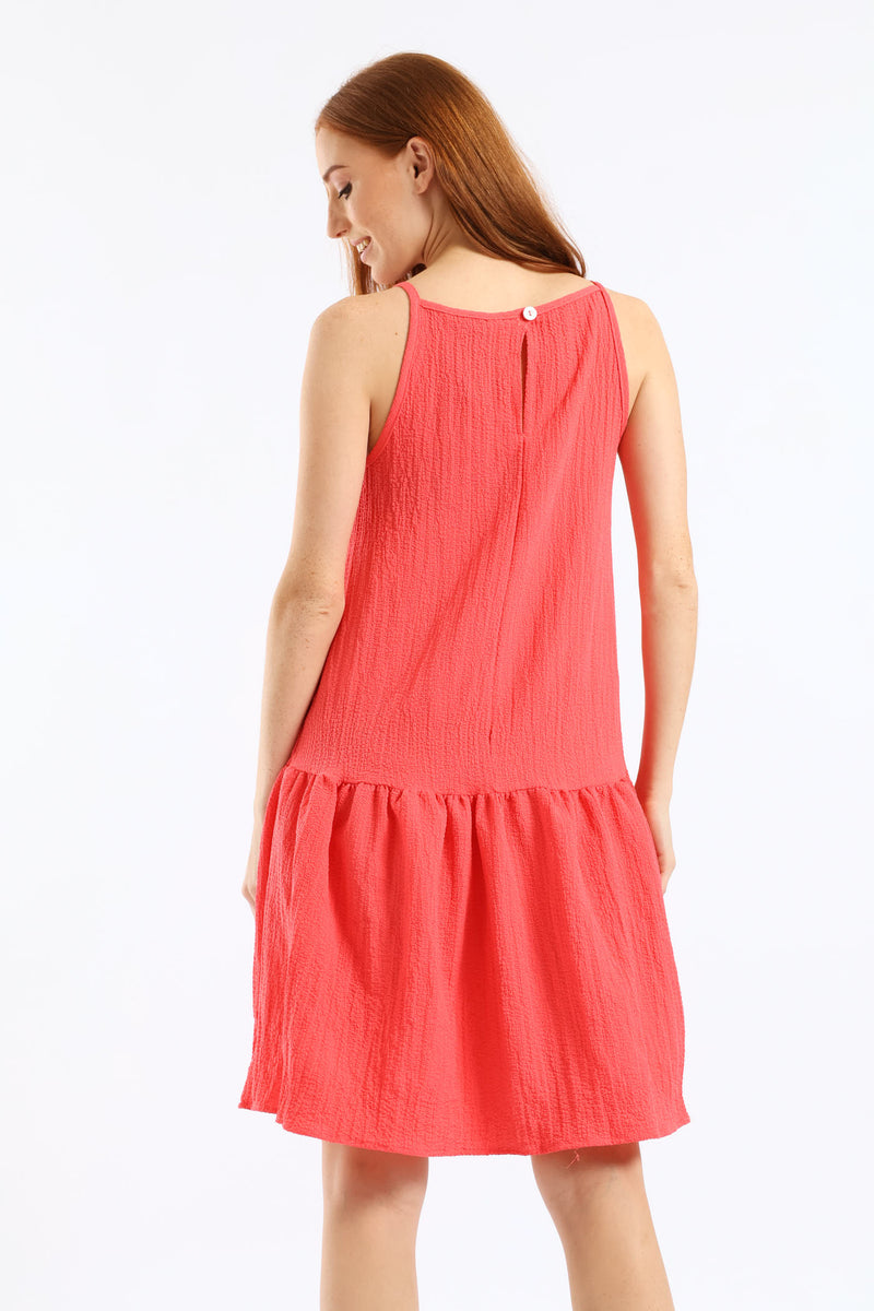 Hi Neck Drop Waist Mini Dress - Dark Coral