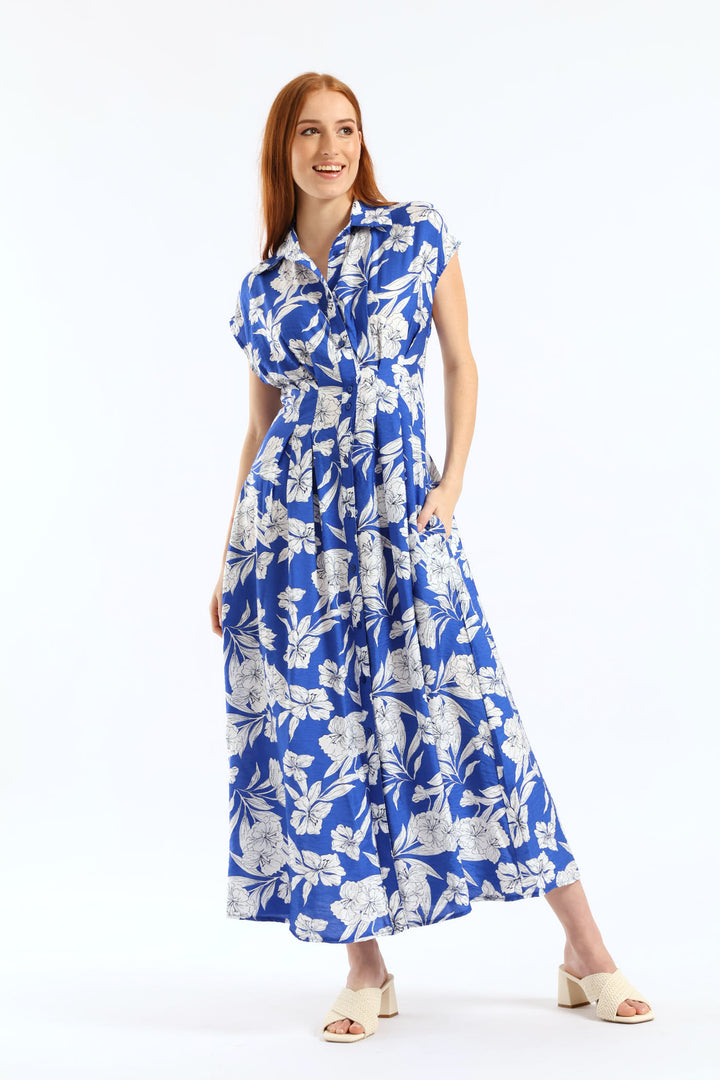Button Through Pleated Bodice Midaxi Dress - Cobalt/White
