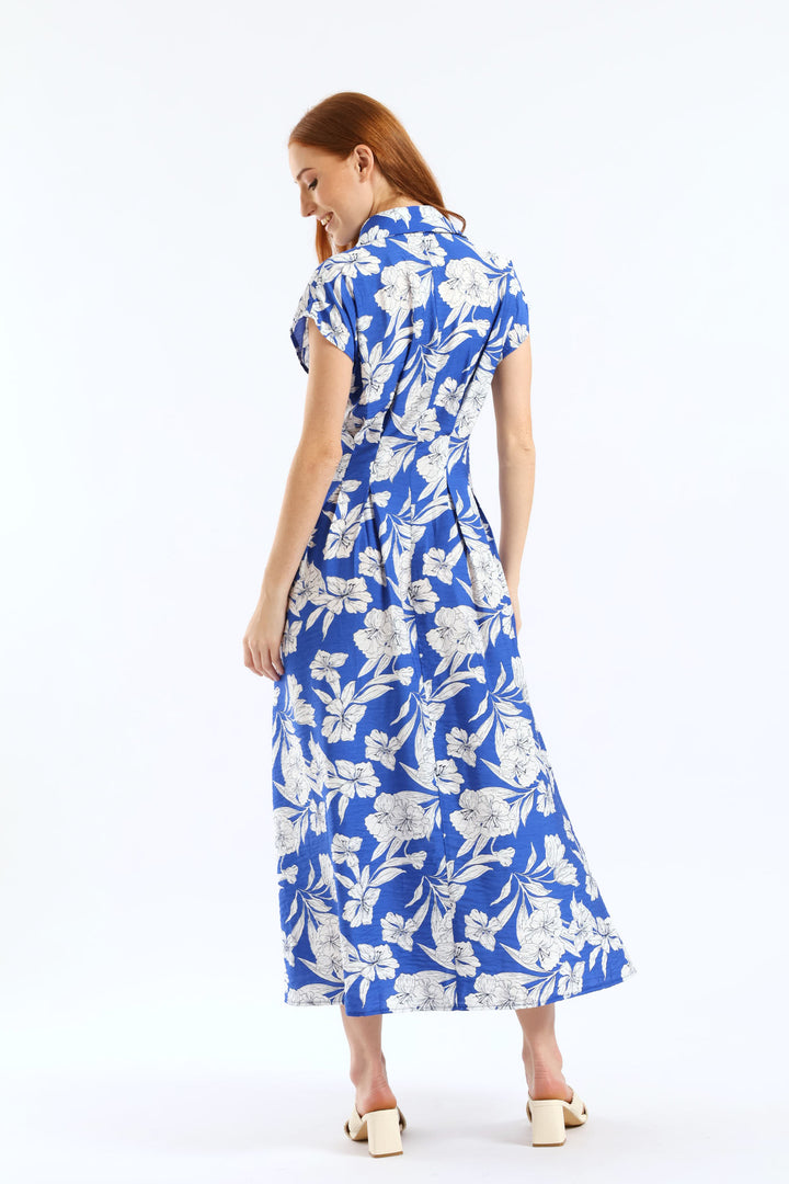Button Through Pleated Bodice Midaxi Dress - Cobalt/White