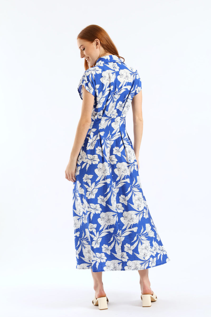 Button Through Pleated Bodice Midaxi Dress - Cobalt/White