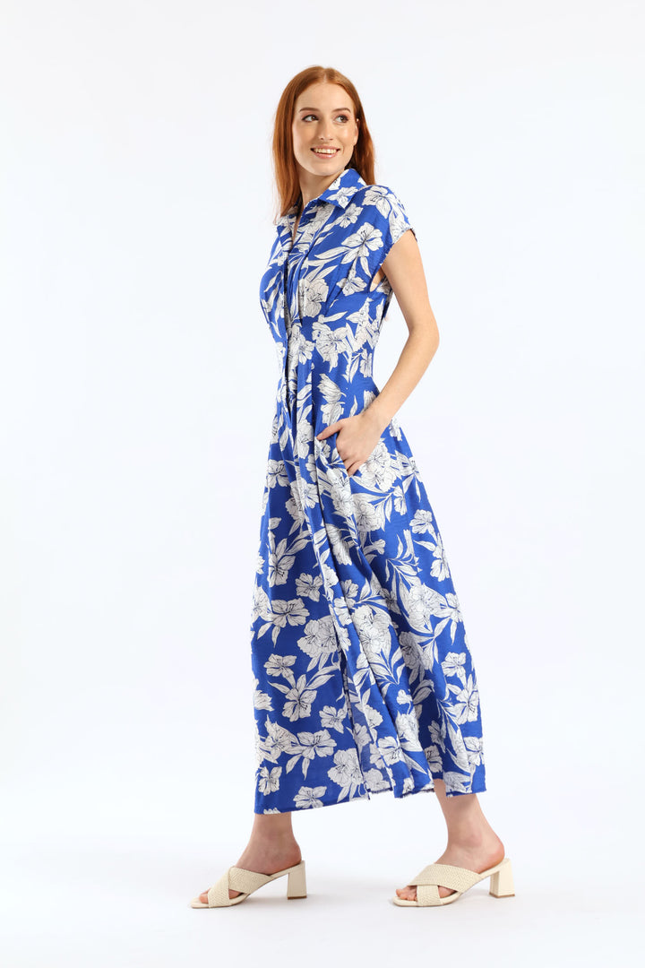 Button Through Pleated Bodice Midaxi Dress - Cobalt/White