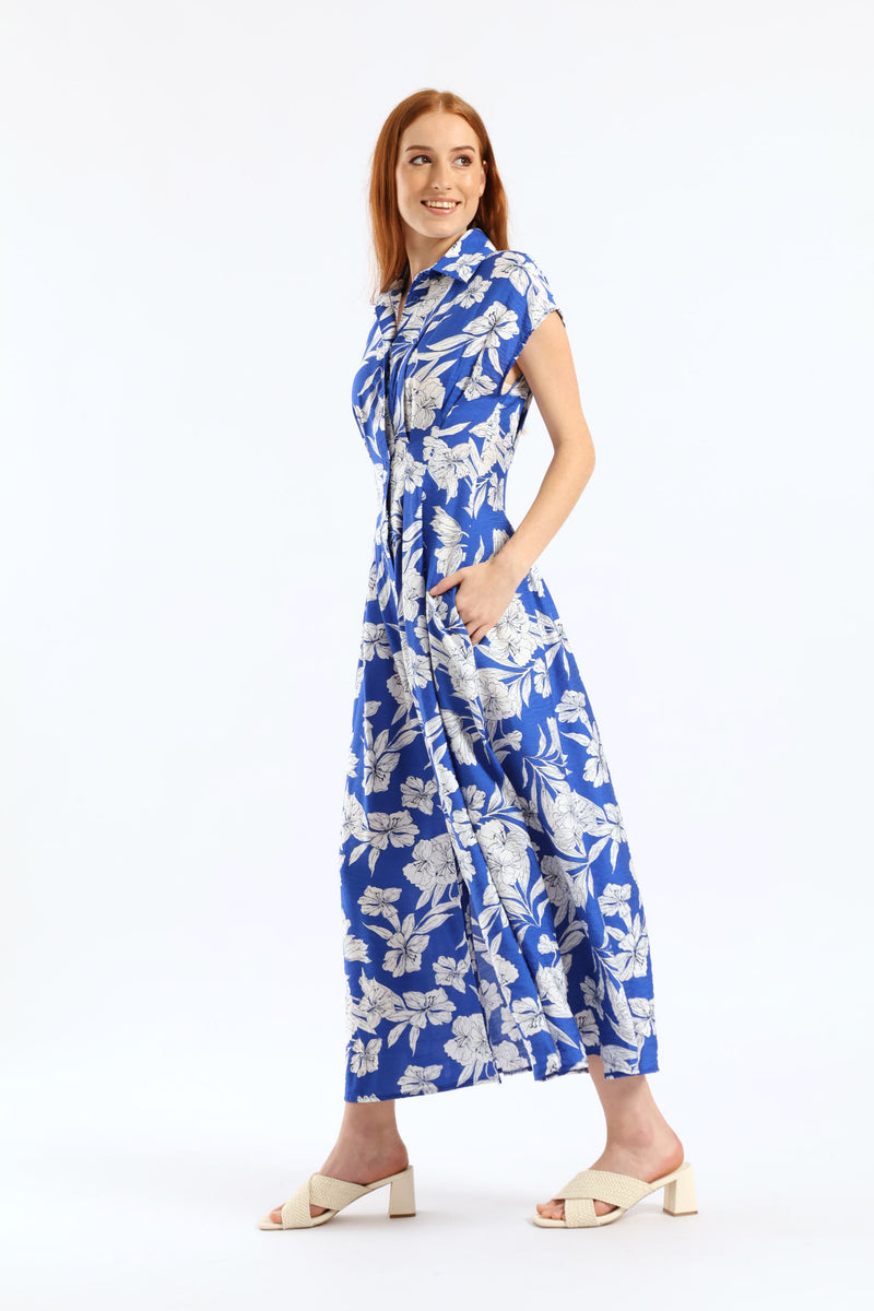 Button Through Pleated Bodice Midaxi Dress - Cobalt/White