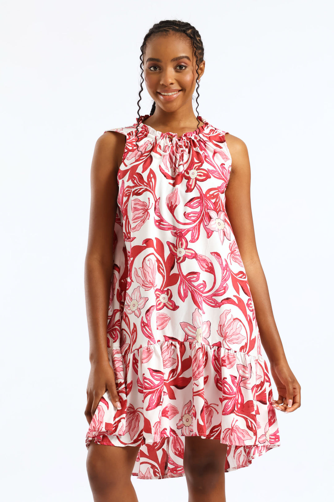 Frill Neck Printed Drop Hem Dress - White/Pink