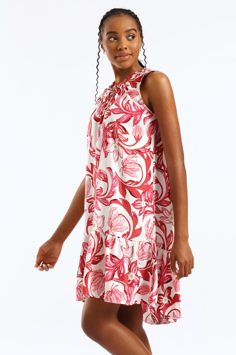 Frill Neck Printed Drop Hem Dress - White/Pink