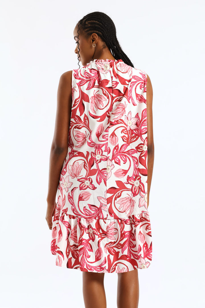 Frill Neck Printed Drop Hem Dress - White/Pink