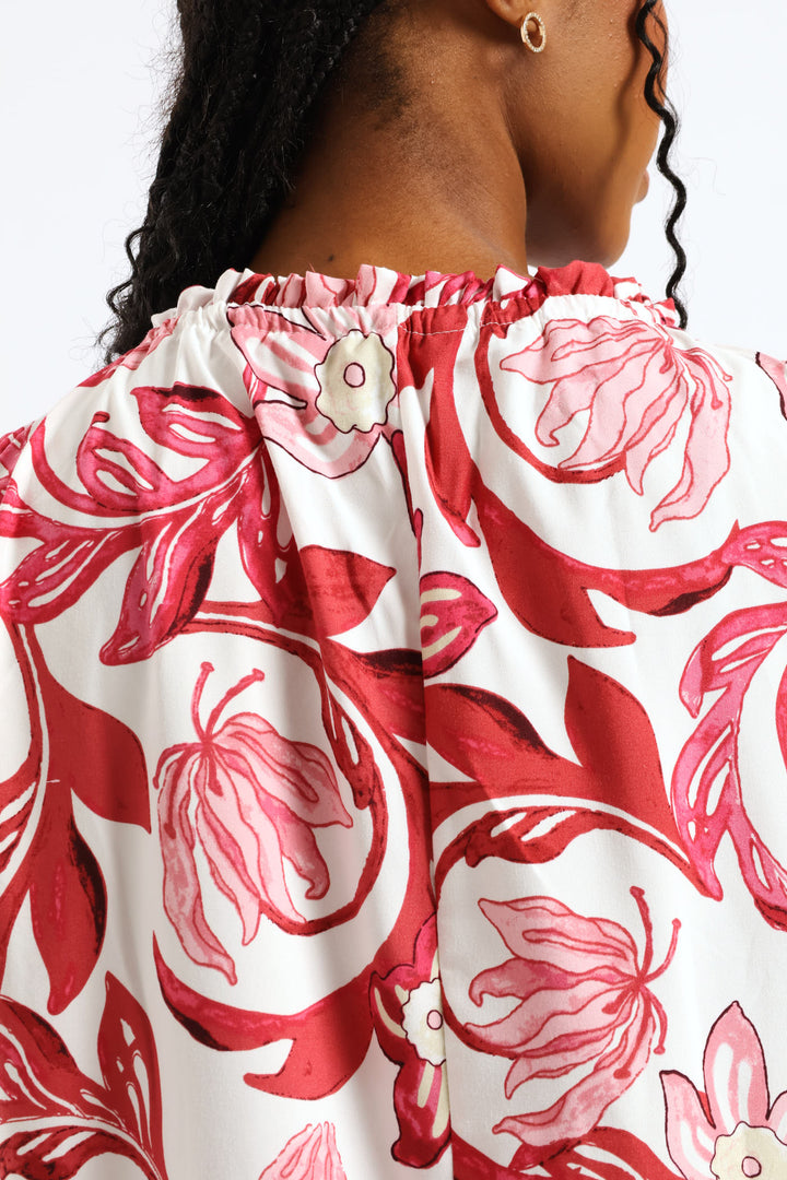 Frill Neck Printed Drop Hem Dress - White/Pink